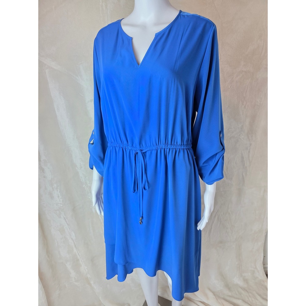 Blue V Neck Elastic Waist Drawstring Shirt Dress Size 12